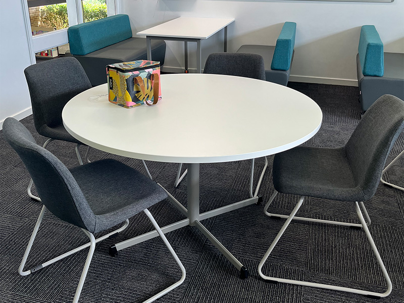 Hobnob Sled Base Upholstered Chair paired with Focus Table